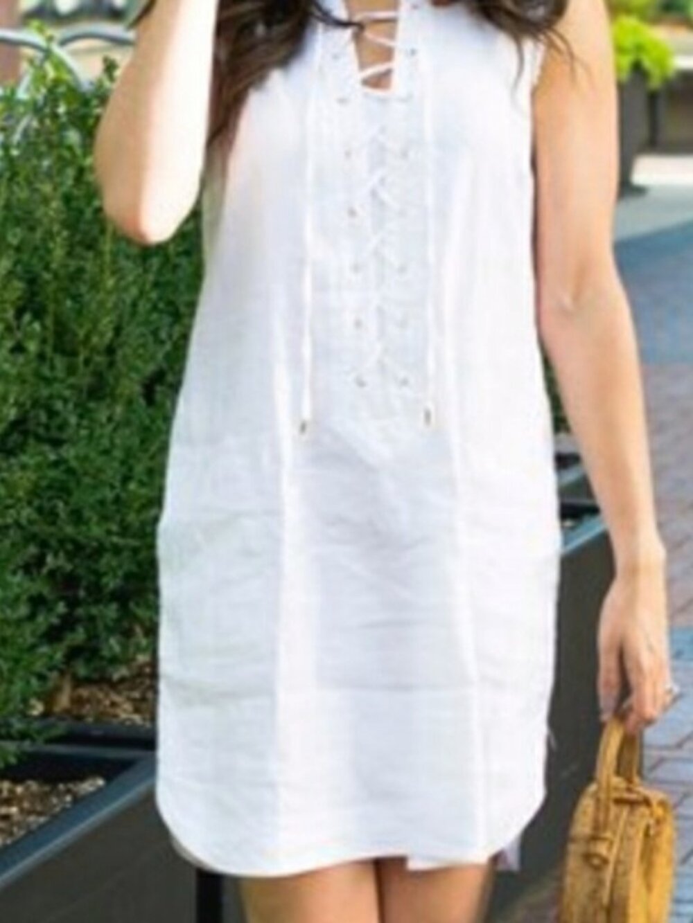 Trina Turk x INC Women's White Lace Up Frayed Sleeveless Shift Dress Size S NWT